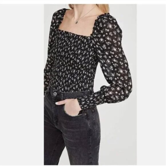 REFORMATION Pinto Smocked Floral Print Top Black Freesia Size M - Picture 1 of 9